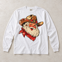 White Comfort Colors long-sleeve T-shirt with vintage cowboy Santa in western hat and red bandana