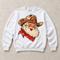 White Gildan crewneck sweatshirt with vintage cowboy Santa in western hat and red bandana