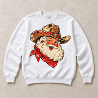 White Gildan crewneck sweatshirt with vintage cowboy Santa in western hat and red bandana
