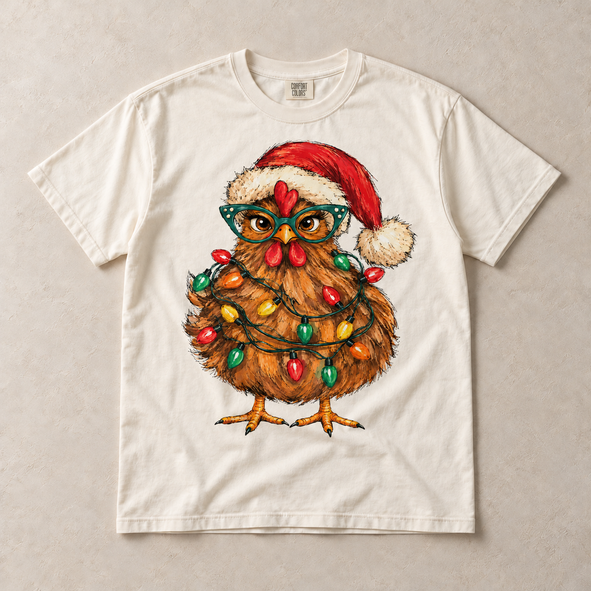 Ivory Comfort Colors short-sleeve T-shirt with Christmas chicken in Santa hat and colorful holiday lights