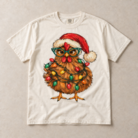 Ivory Comfort Colors short-sleeve T-shirt with Christmas chicken in Santa hat and colorful holiday lights