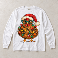 White Comfort Colors long-sleeve T-shirt with Christmas chicken in Santa hat and colorful holiday lights