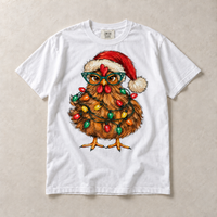 White Comfort Colors short-sleeve T-shirt with Christmas chicken in Santa hat and colorful holiday lights