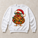 White Gildan crewneck sweatshirt with Christmas chicken in Santa hat and colorful holiday lights