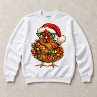 White Gildan crewneck sweatshirt with Christmas chicken in Santa hat and colorful holiday lights