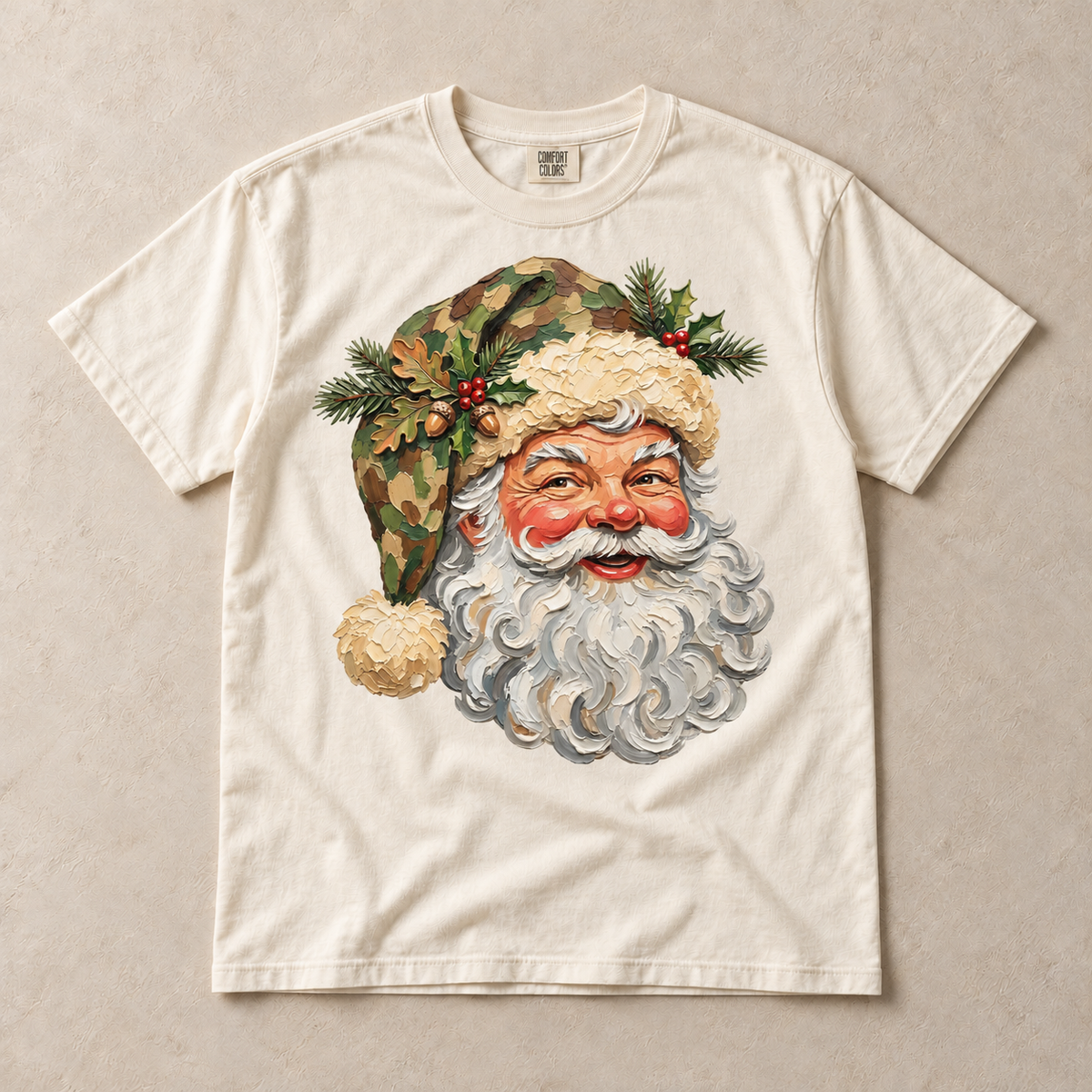 Ivory Comfort Colors short-sleeve T-shirt with woodland camouflage Santa graphic