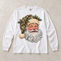 White Comfort Colors long-sleeve T-shirt with woodland camouflage Santa graphic