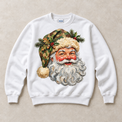 White Gildan crewneck sweatshirt with woodland camouflage Santa graphic