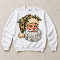 White Gildan crewneck sweatshirt with woodland camouflage Santa graphic