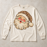 Ivory Comfort Colors long-sleeve T-shirt with vintage winking leopard Santa graphic