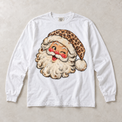 White Comfort Colors long-sleeve T-shirt with vintage winking leopard Santa graphic