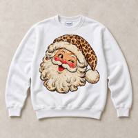 White Gildan crewneck sweatshirt with vintage winking leopard Santa graphic