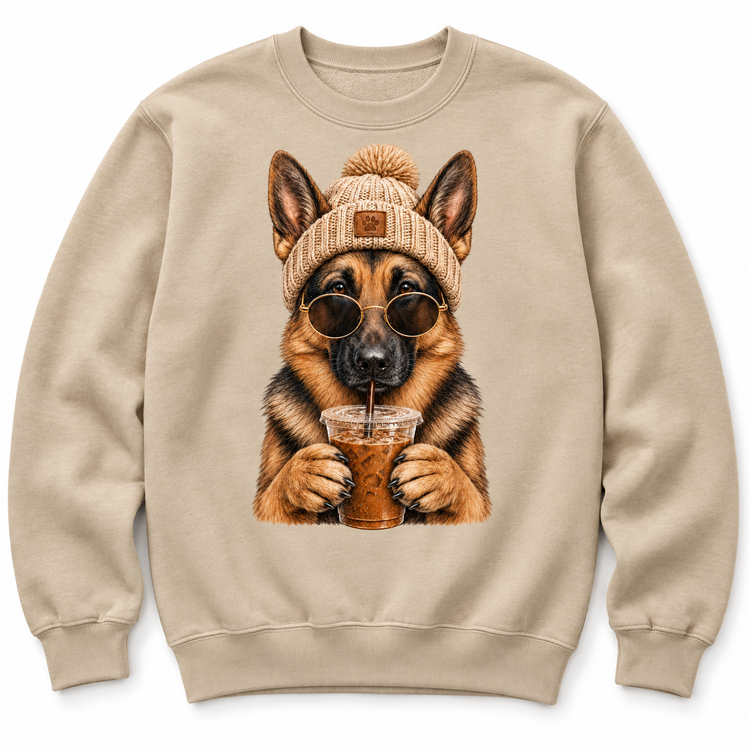 German Shepherd Sweatshirt, Iced Coffee Dog Graphic Crewneck, Cozy Dog Lover Gift