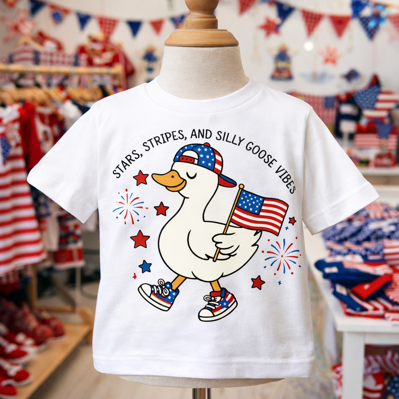 Stars, Stripes & Silly Goose Vibes Kids Patriotic T-Shirt | 4th of July Toddler Tee