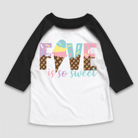 Five Is So Sweet Ice Cream Birthday design on a black-accented shirt.