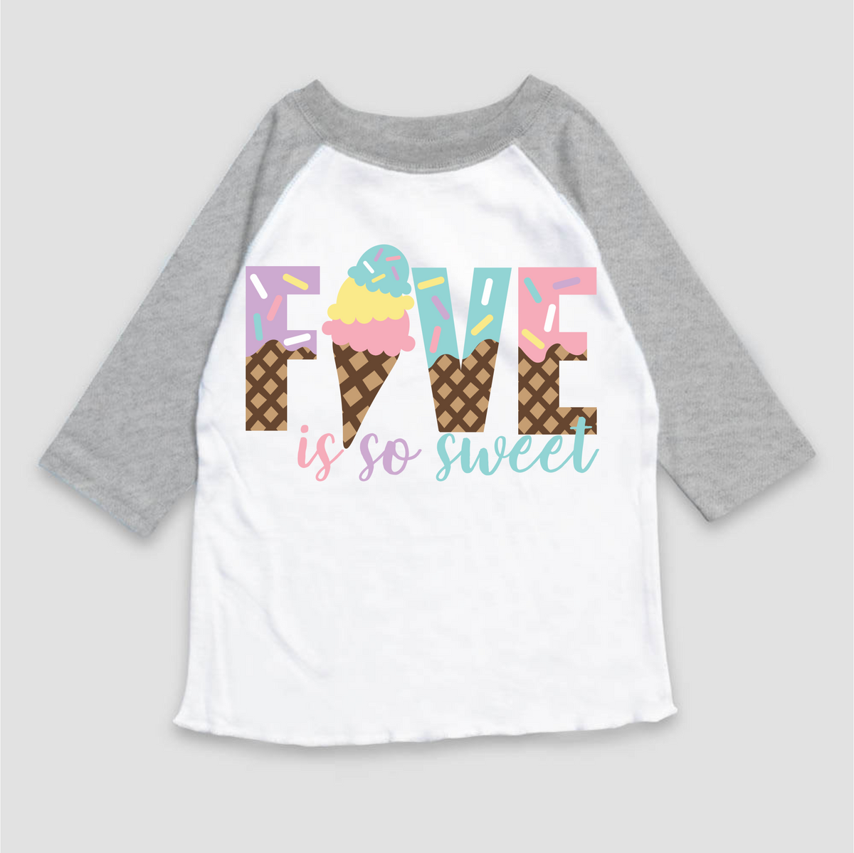 Five Is So Sweet Ice Cream Birthday design on a gray garment.
