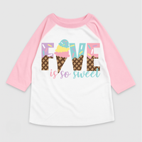 Five Is So Sweet Ice Cream Birthday design on a pink garment.