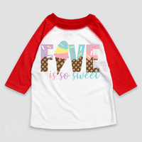 Five Is So Sweet Ice Cream Birthday design on a red-accented shirt.