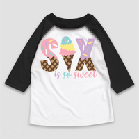 Six Is So Sweet Ice Cream Birthday design on a black-accented shirt.