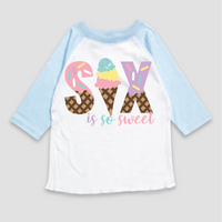 Six Is So Sweet Ice Cream Birthday design on a blue garment.