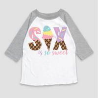 Six Is So Sweet Ice Cream Birthday design on a gray garment.