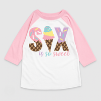 Six Is So Sweet Ice Cream Birthday design on a pink garment.
