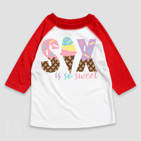 Six Is So Sweet Ice Cream Birthday design on a red-accented shirt.