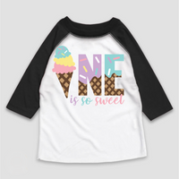 One Is So Sweet Ice Cream Birthday design on a black-accented shirt.