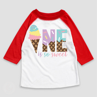 One Is So Sweet Ice Cream Birthday design on a red-accented shirt.