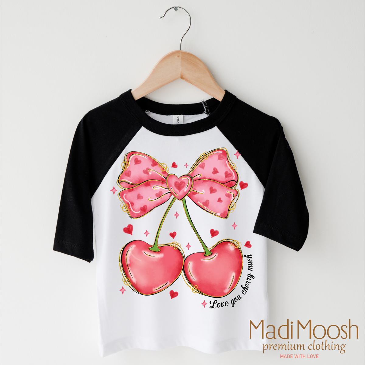 Love You Cherry Much Valentine's Day design on a black-accented shirt.