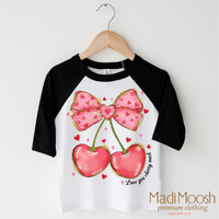 Love You Cherry Much Valentine's Day design on a black-accented shirt.