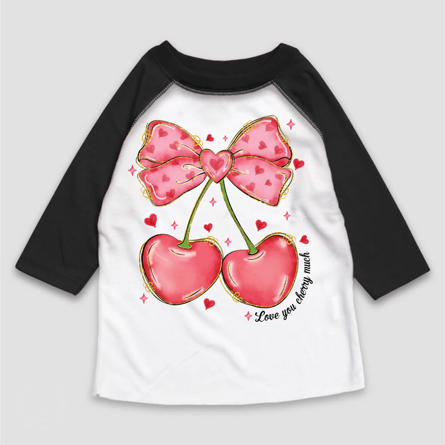 I Love you Cherry Much Valentie's Day Raglan Shirt - Girls VDay 3/4 Sleeve Tee