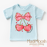 Love You Cherry Much Valentine's Day design on a blue garment.