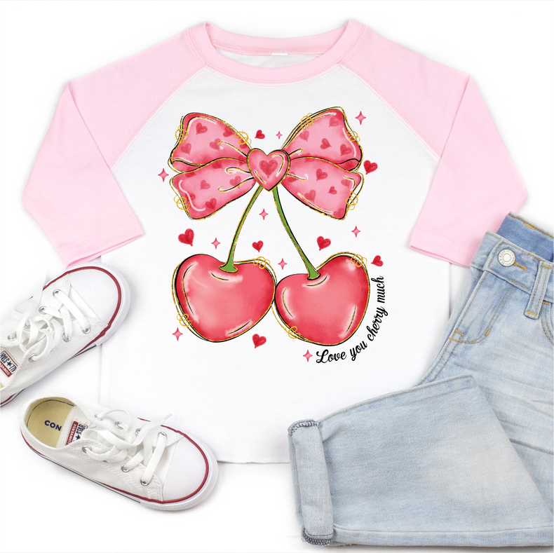 I Love you Cherry Much Valentie's Day Raglan Shirt - Girls VDay 3/4 Sleeve Tee
