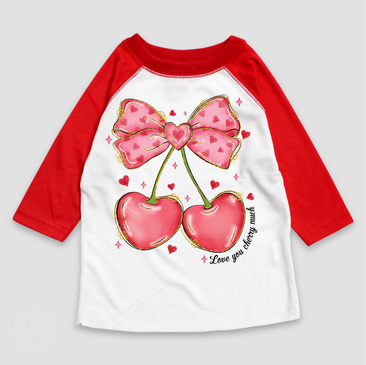I Love you Cherry Much Valentie's Day Raglan Shirt - Girls VDay 3/4 Sleeve Tee