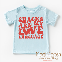 Snacks Are My Love Language Valentine's Day design on a blue garment.