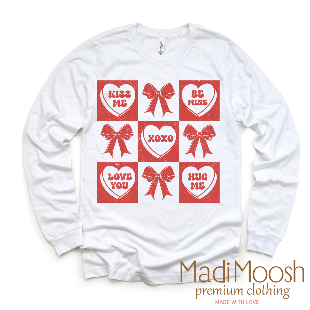 Candy Hearts And Bows Valentine's Day design on a long sleeve shirt.