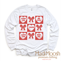 Candy Hearts And Bows Valentine's Day design on a long sleeve shirt.