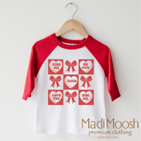 Candy Hearts And Bows Valentine's Day design on a red-accented shirt.