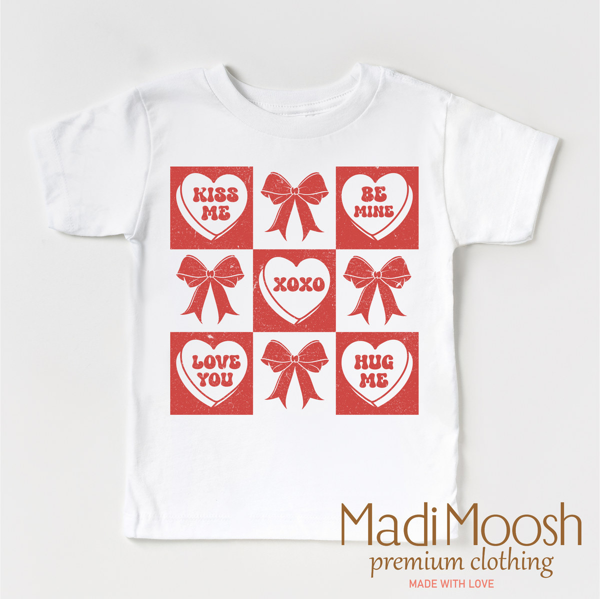 Candy Hearts And Bows Valentine's Day design on a white garment.