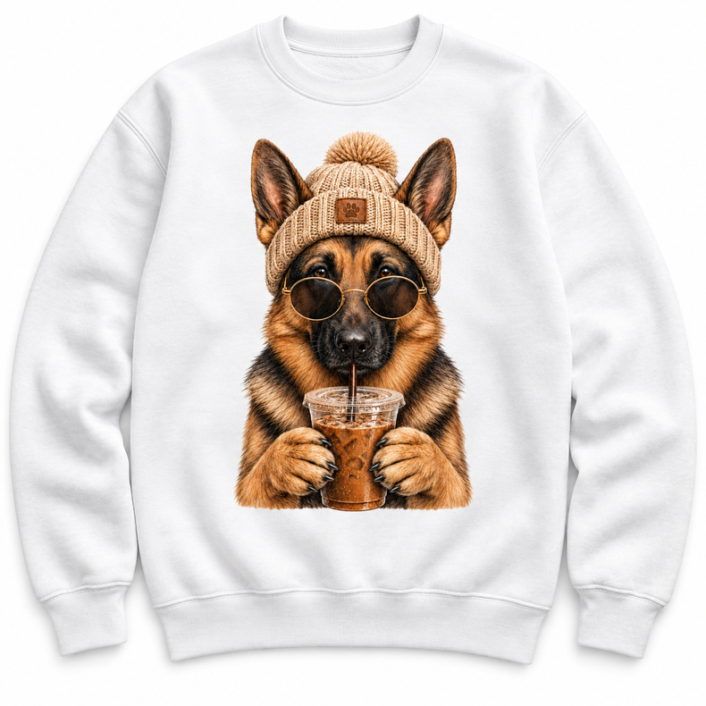 German Shepherd Sweatshirt, Iced Coffee Dog Graphic Crewneck, Cozy Dog Lover Gift