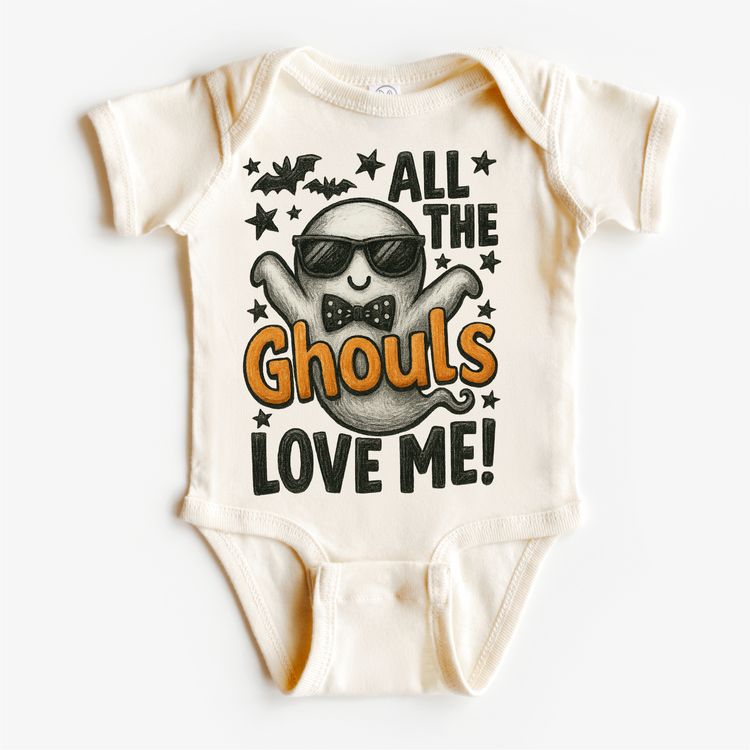 All the Ghouls Love Me Halloween ghost graphic on natural baby bodysuit