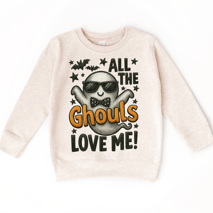 All the Ghouls Love Me Halloween ghost graphic on natural heather sweatshirt