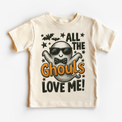 All the Ghouls Love Me Halloween ghost graphic on a natural T-shirt