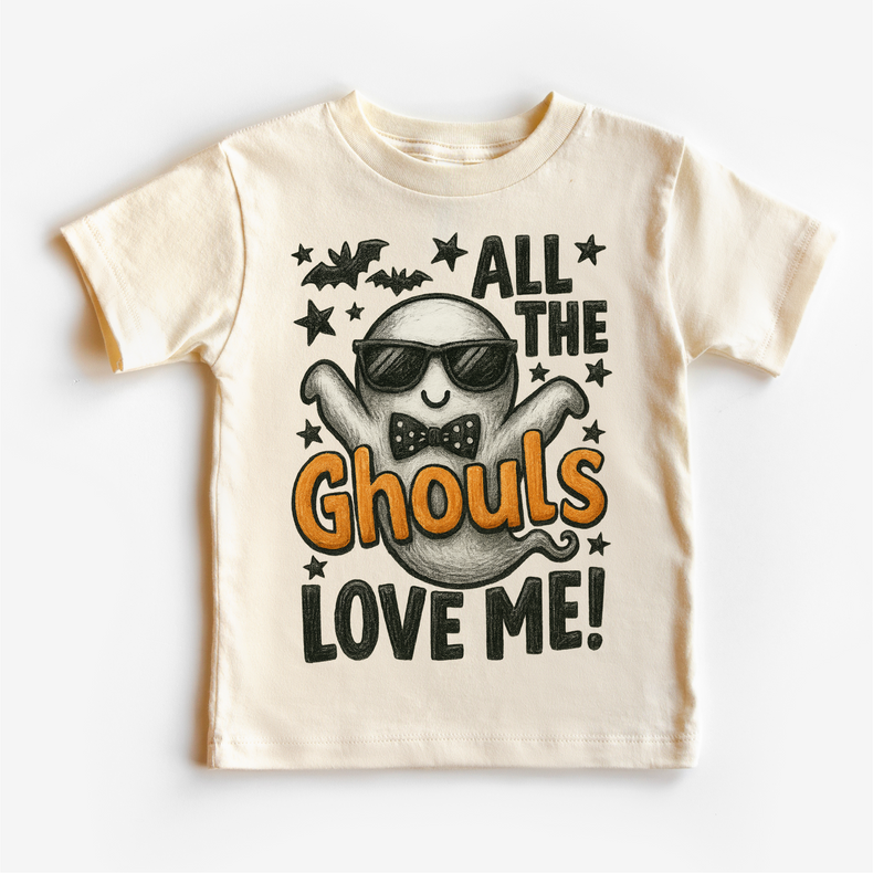 All the Ghouls Love Me Halloween ghost graphic on a natural T-shirt