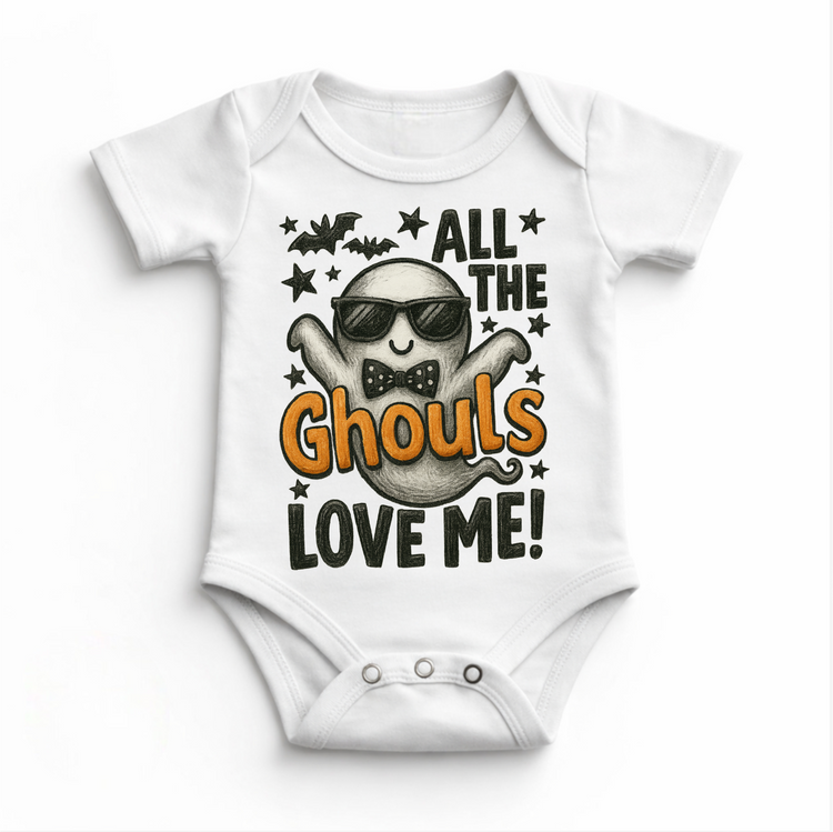 All the Ghouls Love Me Halloween ghost graphic on white baby bodysuit
