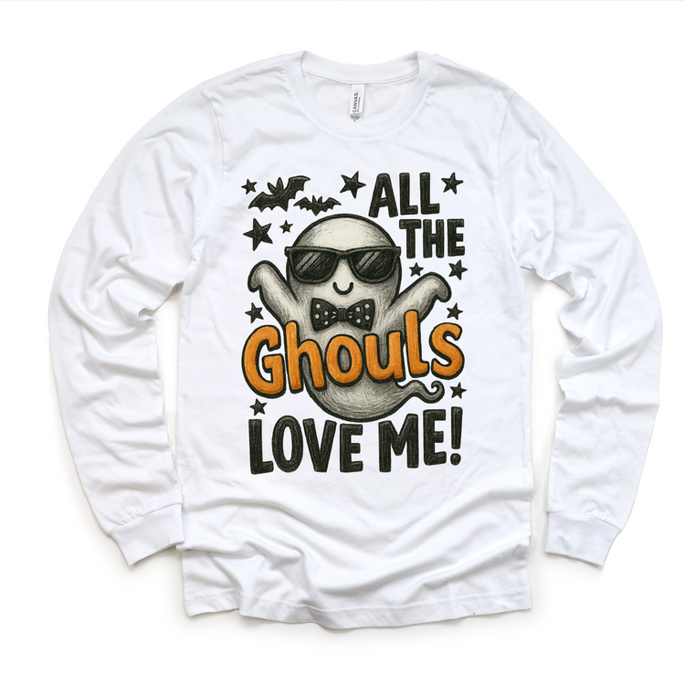 All the Ghouls Love Me Halloween ghost graphic on white long sleeve tee