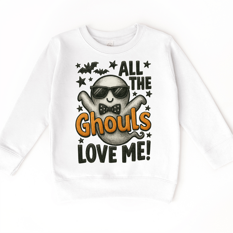 All the Ghouls Love Me Halloween ghost graphic on white sweatshirt