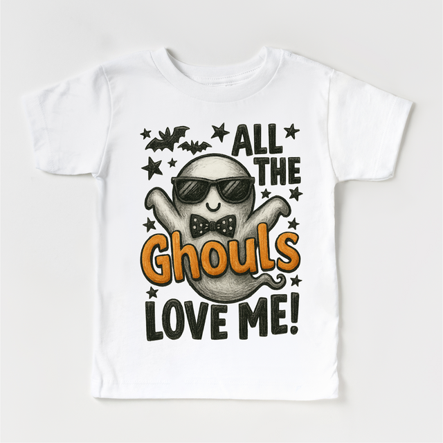 All the Ghouls Love Me Halloween ghost graphic on white tee