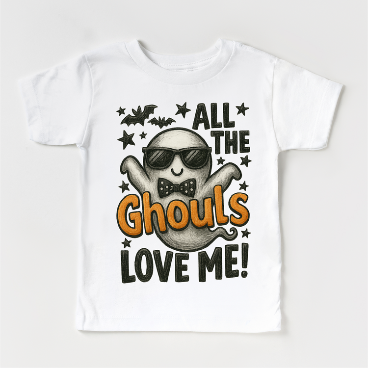 All the Ghouls Love Me Halloween ghost graphic on white tee